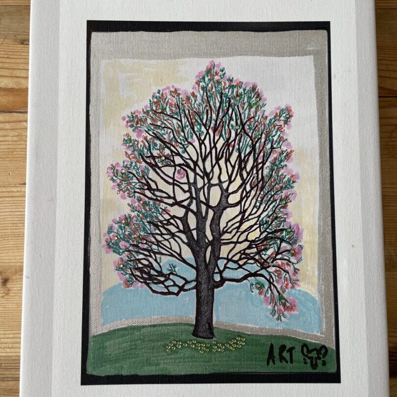 A painting of a tree with pink flowers.
